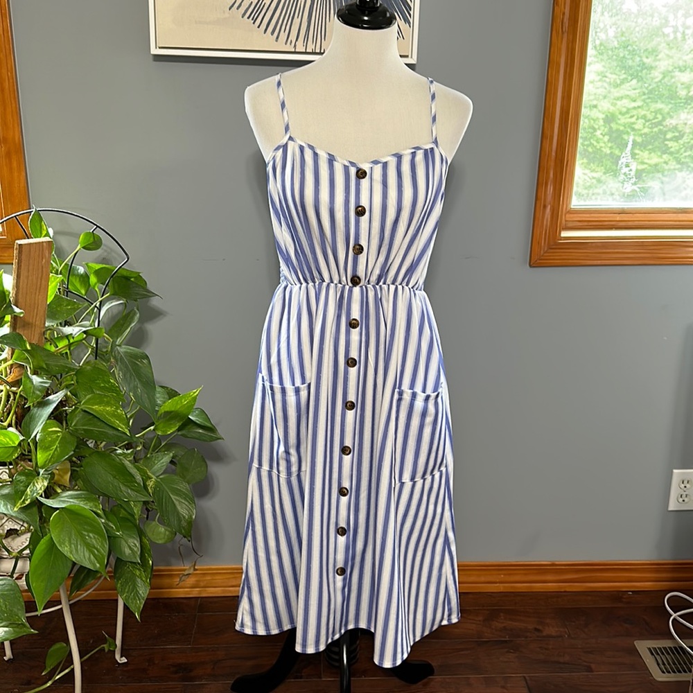 Blue and White Vertical Striped Sundress